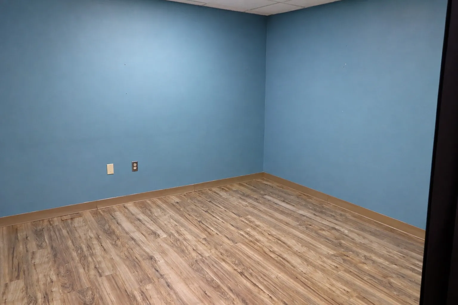 Wood-finish flooring with coordinating baseboards