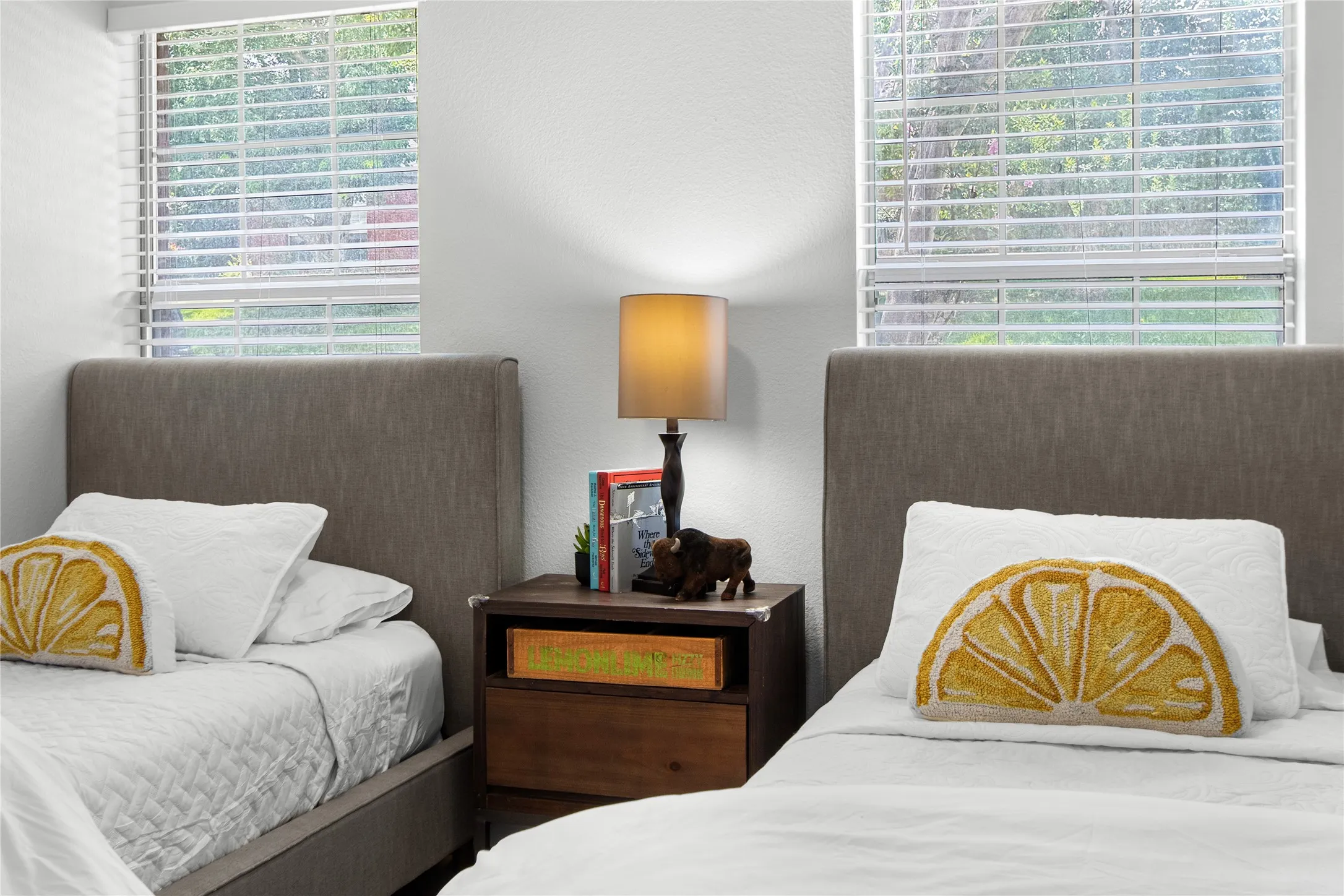 Bright room featuring two windows with horizontal blinds, offering privacy and natural light