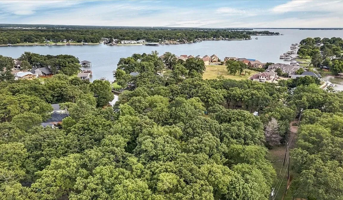 Expansive wooded landscape with waterfront properties in the distance