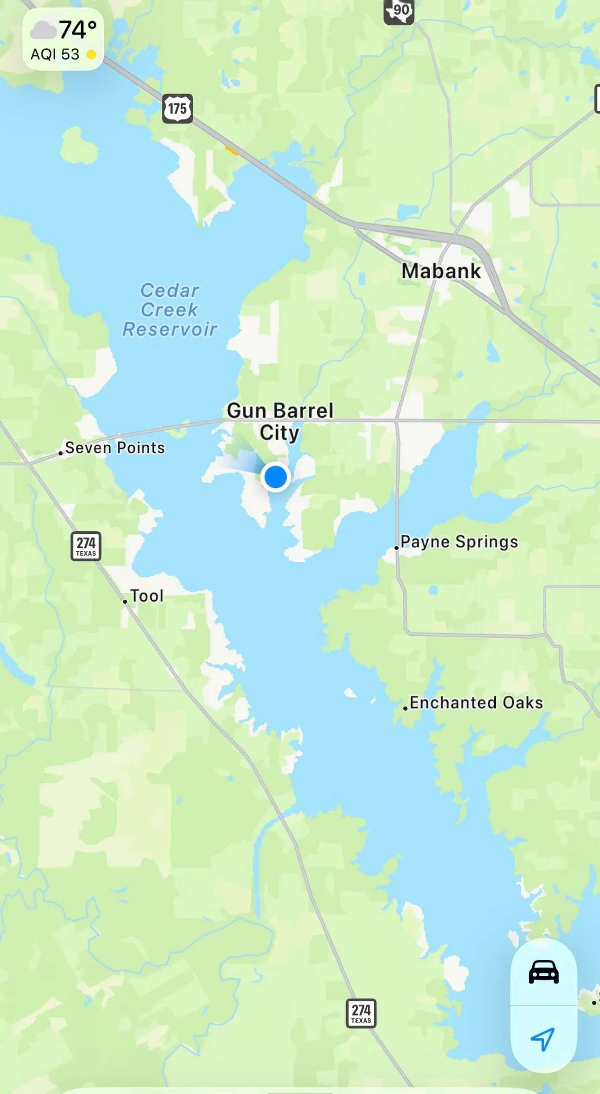 Geographic Map. Displaying the location of Gun Barrel City relative to Cedar Creek Reservoir and surrounding areas