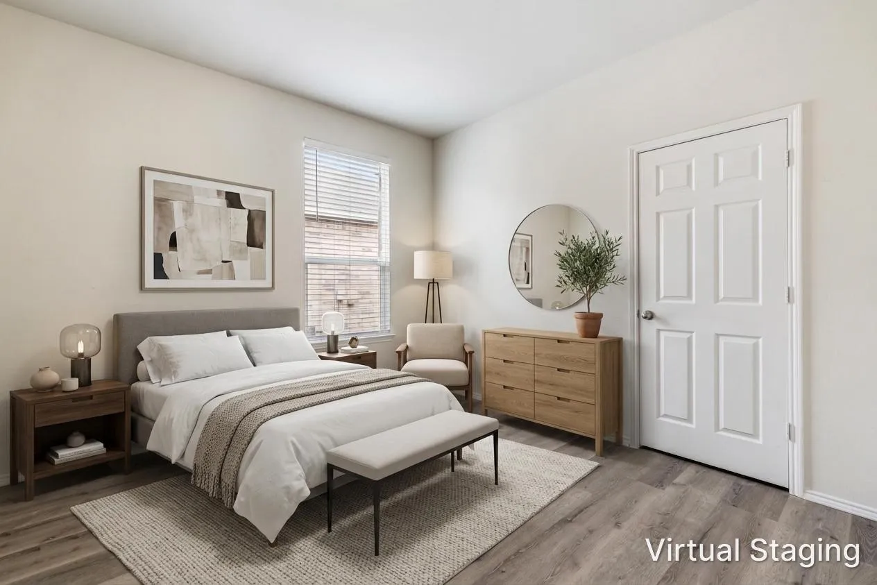 Spacious room with wood-finish flooring and neutral wall tones