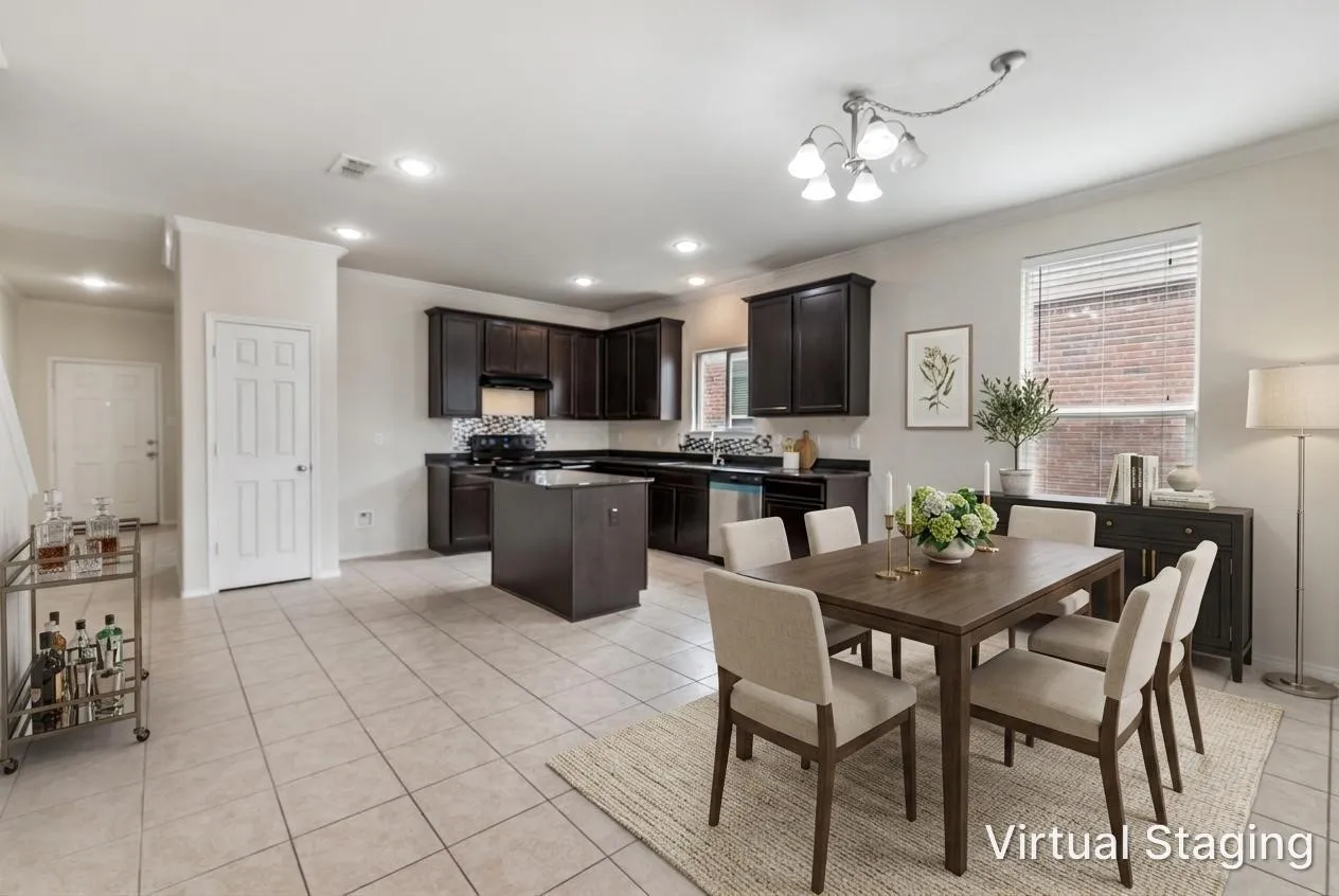 Open-concept kitchen and dining area featuring dark wood-finish cabinetry, stainless steel appliances, a center island, and tile flooring