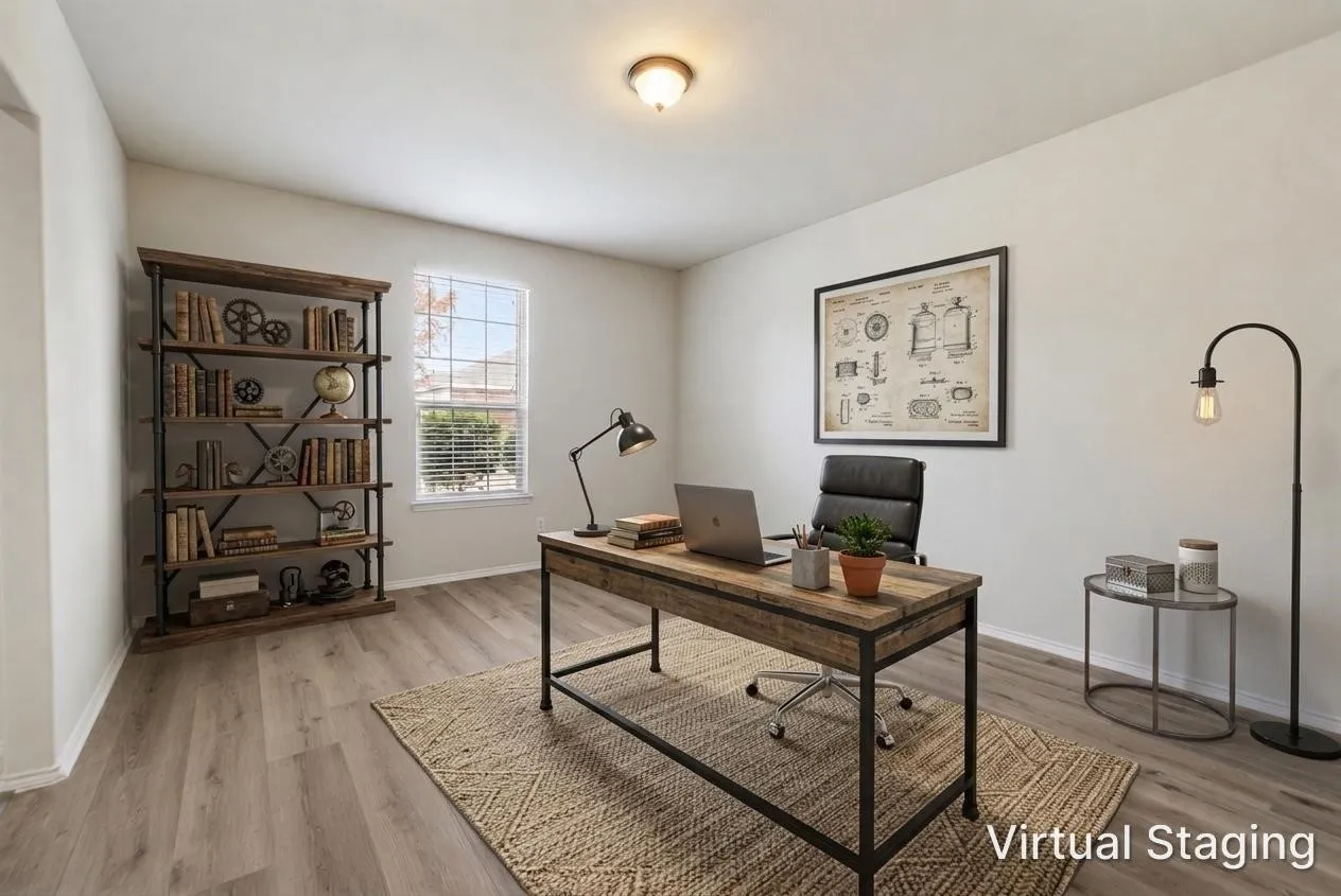 Bright room featuring wood-finish flooring, a window with blinds, and recessed lighting
