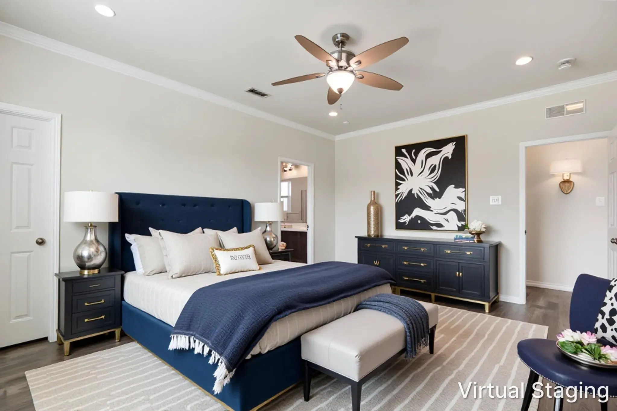 Spacious sleeping area featuring crown molding, recessed lighting, and a ceiling fan with integrated light
