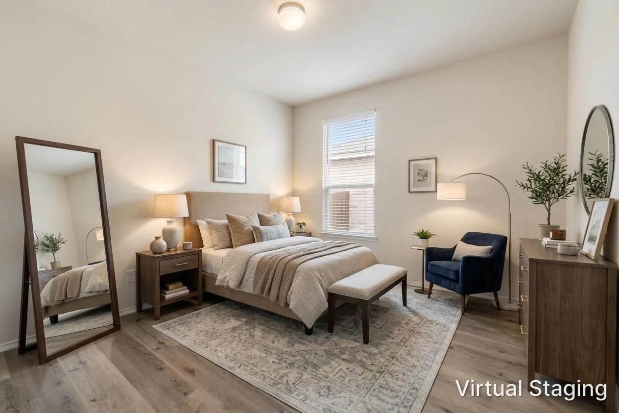 Spacious room featuring wood-finish flooring, a contemporary ceiling light fixture, and a window with horizontal blinds