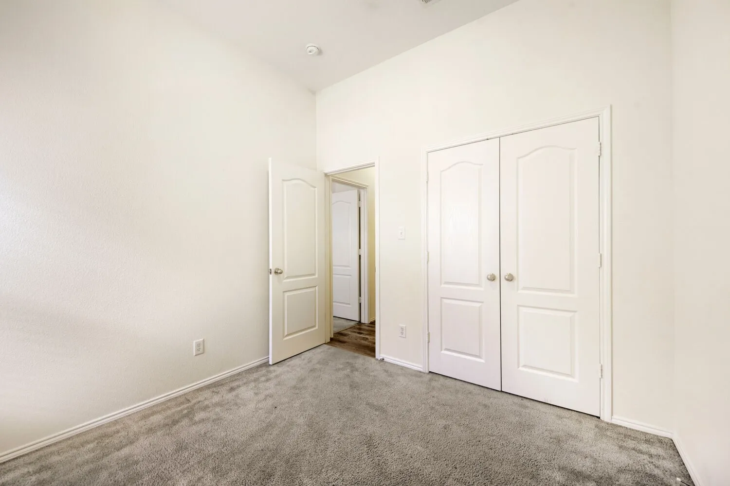 Neutral-toned wall finishes, gray carpeting, and white trim