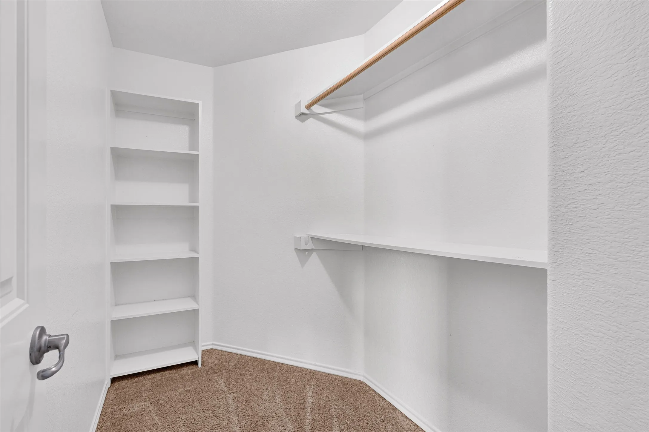 Walk-in closet featuring built-in shelving, a clothes rod, a storage shelf, and carpet flooring