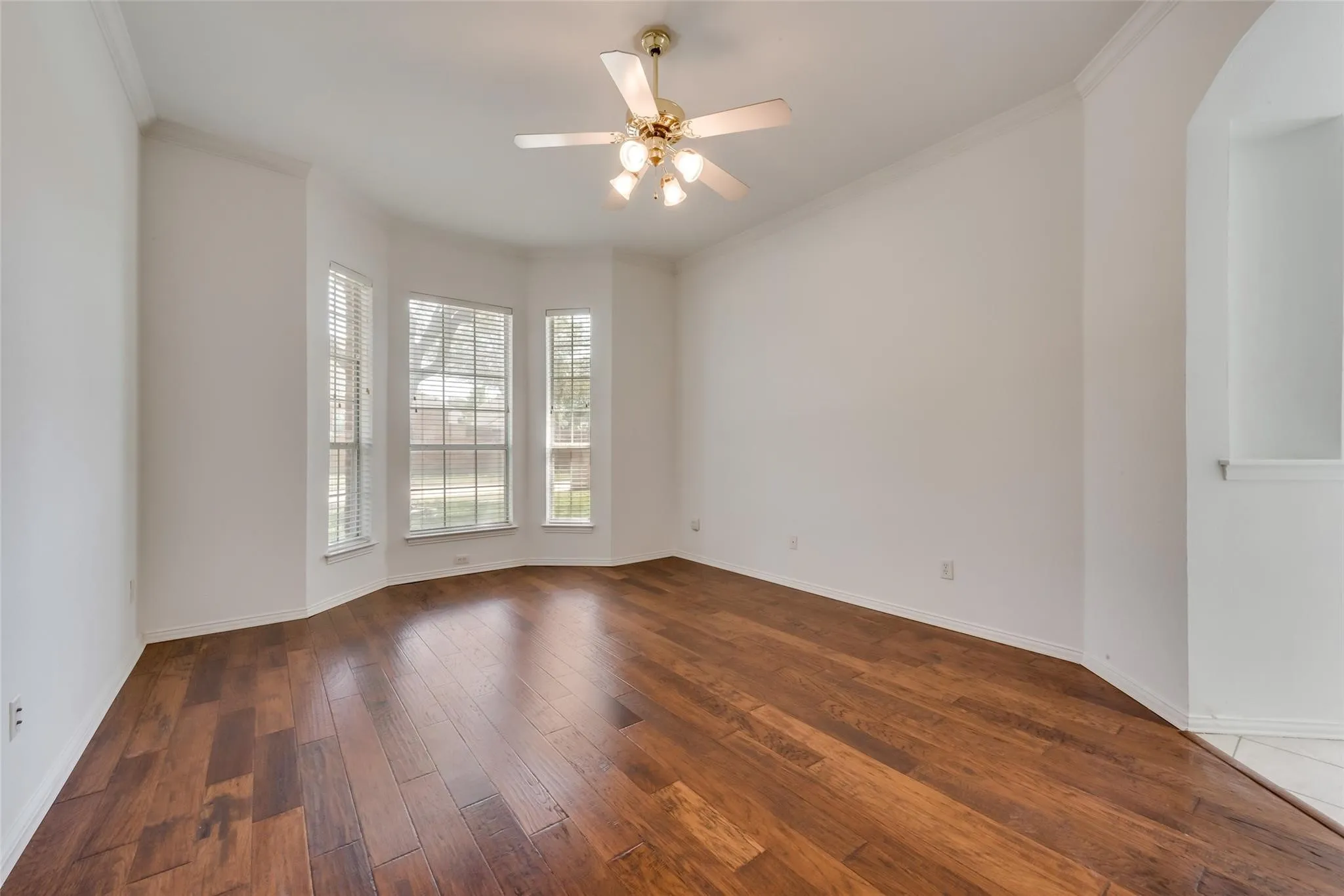 Spacious room featuring wood-finish flooring, a bay window with three vertical windows, and a ceiling fan with integrated lighting