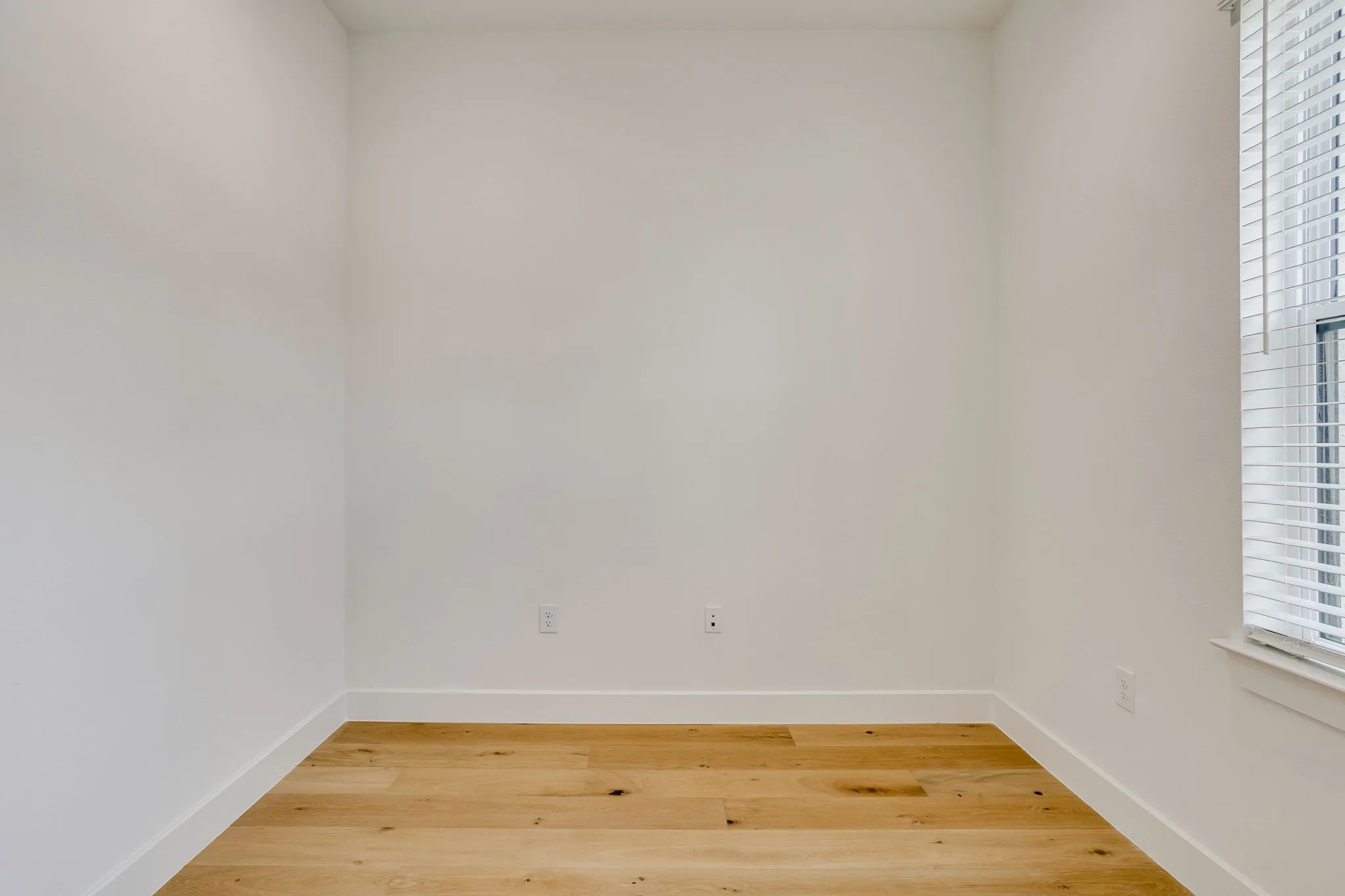 Bright room with wood-finish flooring, white walls, and white baseboards