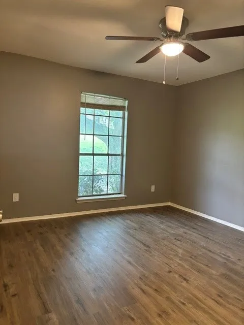 Laminate vinyl flooring, blinds and ceiling fan