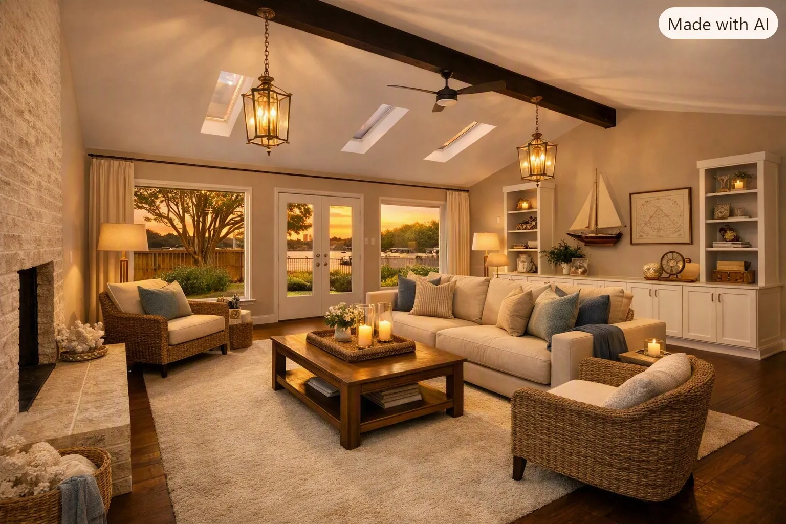 Virtually staged, with evening light from huge natural light sources.