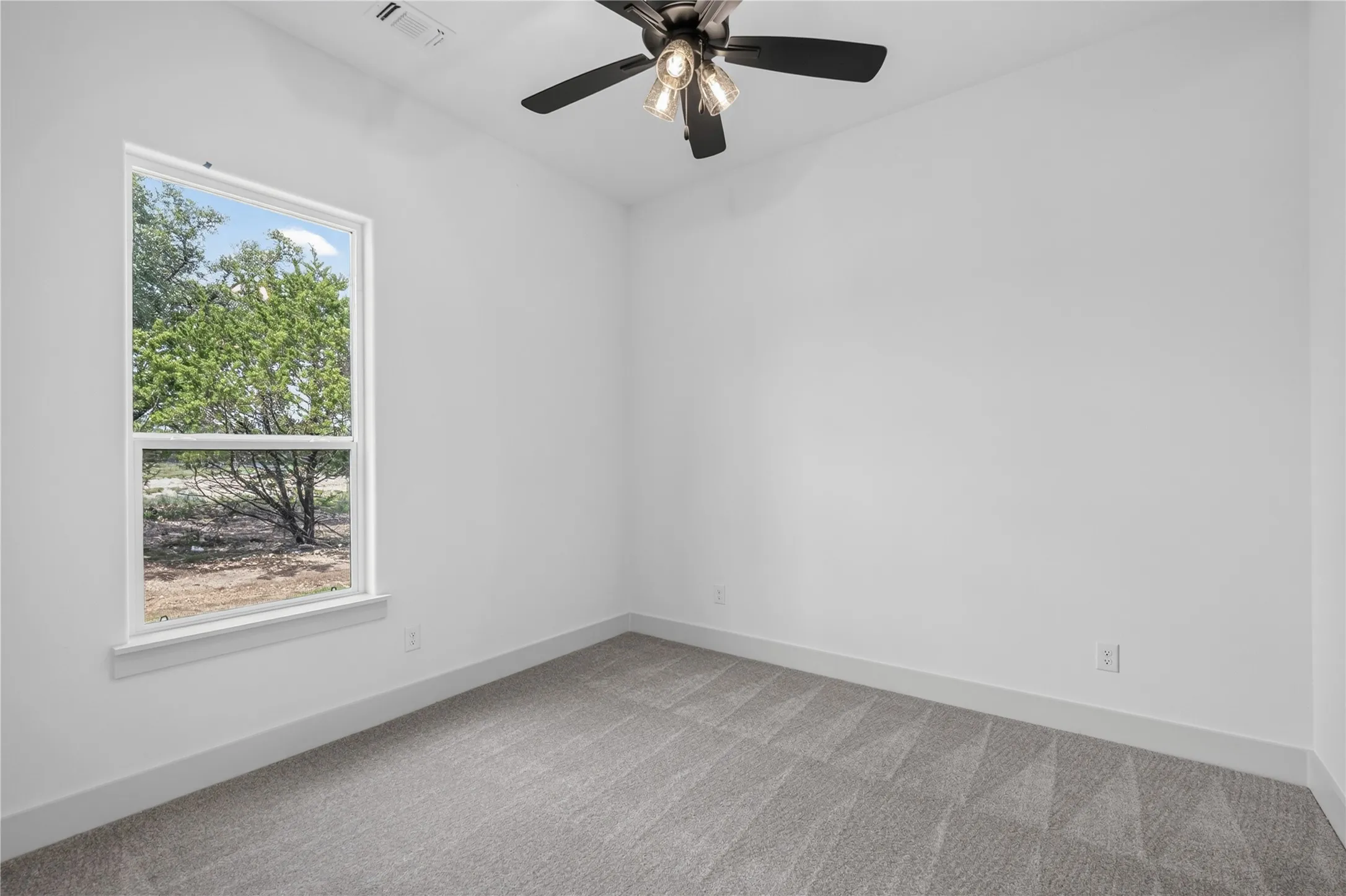 Bright interior space featuring a window with exterior tree scenery, a ceiling fan with integrated lighting, and patterned carpet flooring
