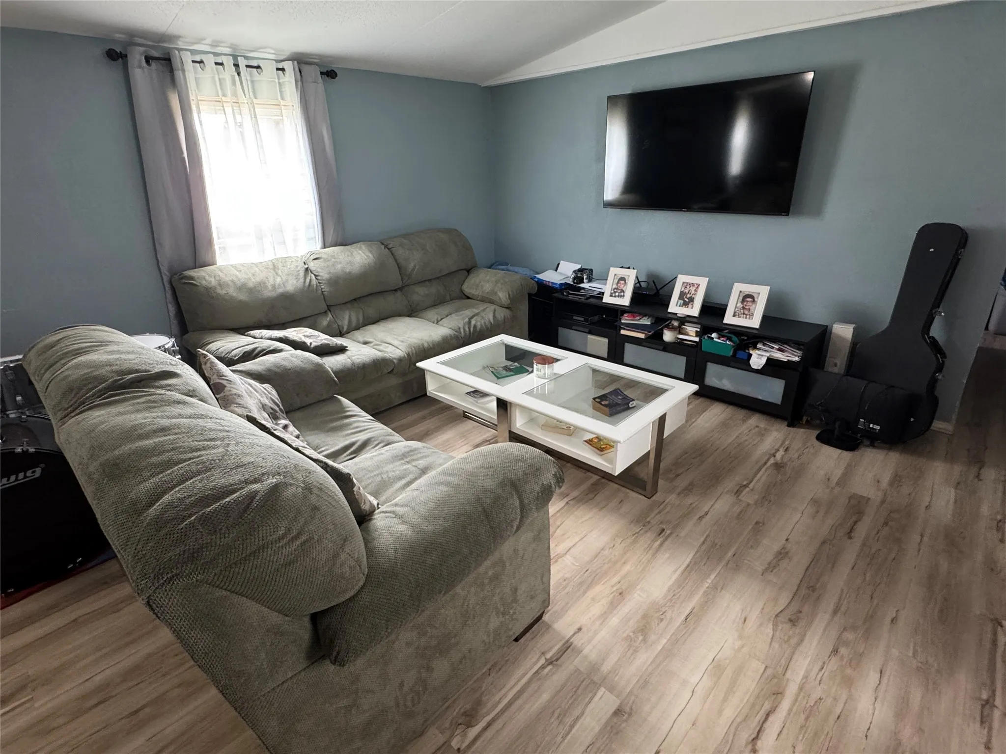 Living area featuring wood-finish flooring, a contemporary ceiling fixture, and a wall-mounted entertainment display
