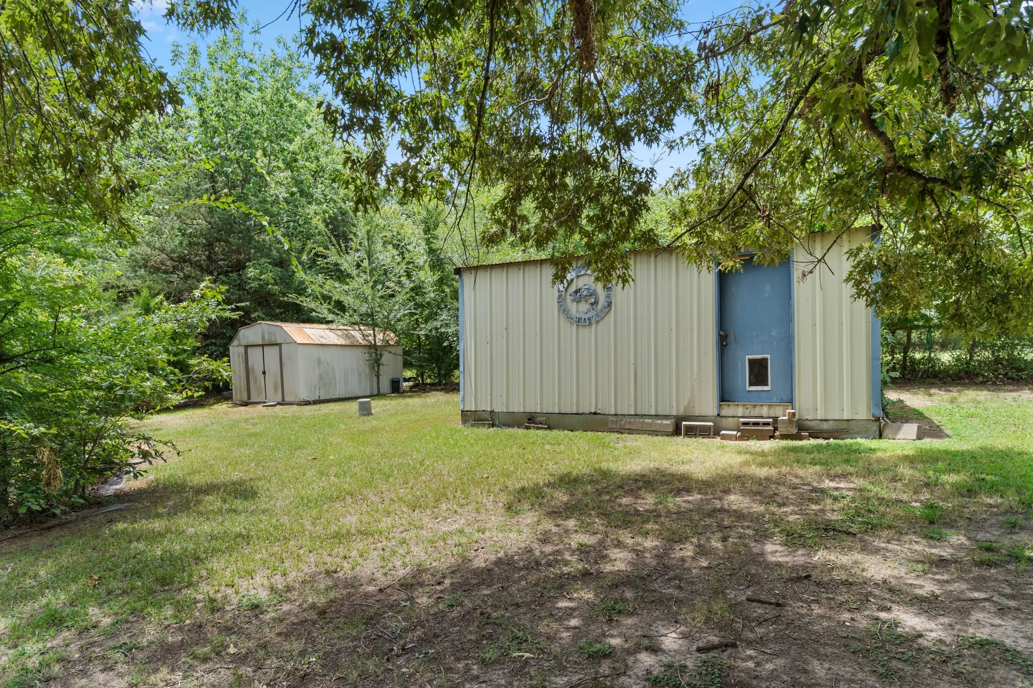 two storage sheds in back yard