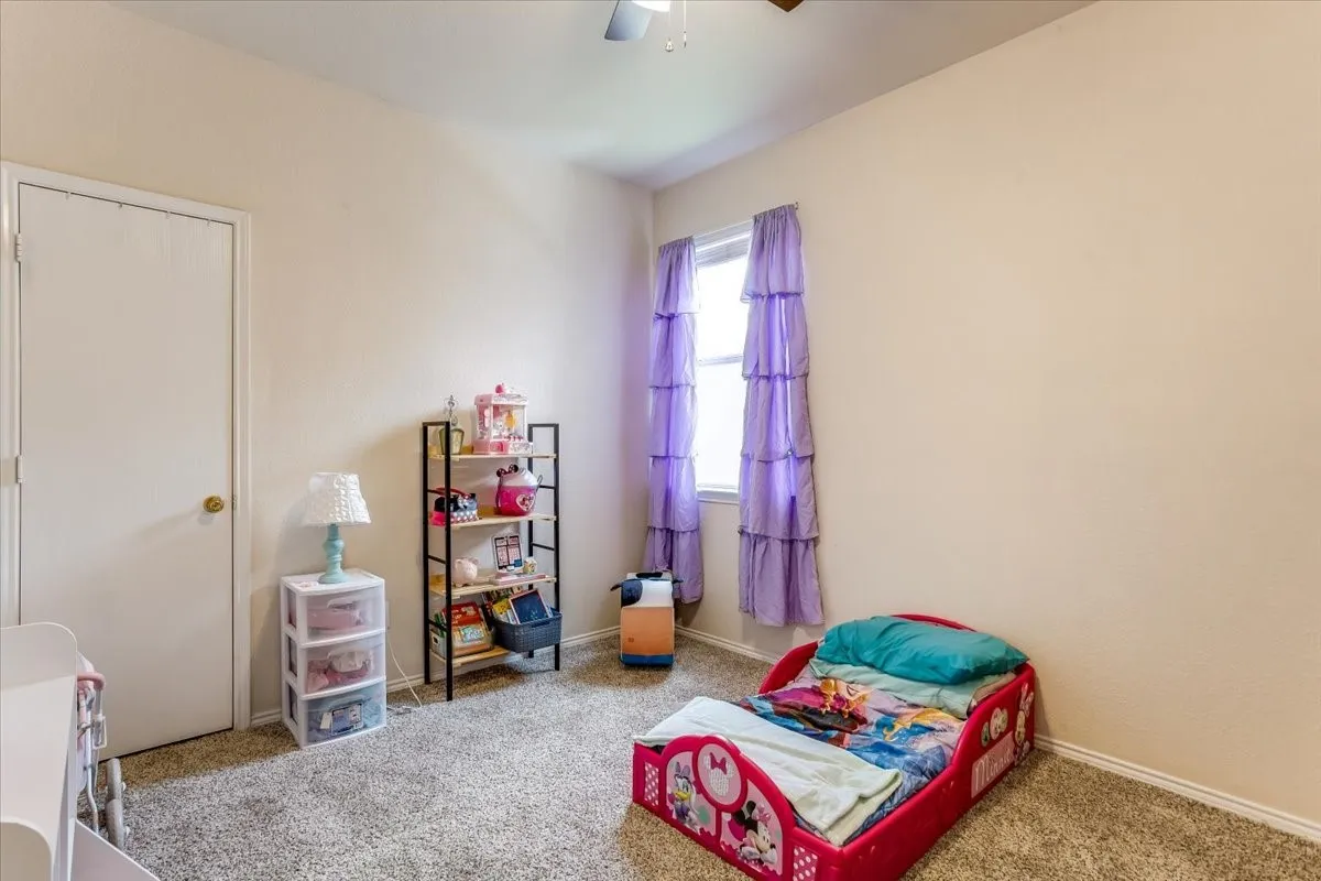 Carpeted room featuring a ceiling fan, a window with light-toned walls