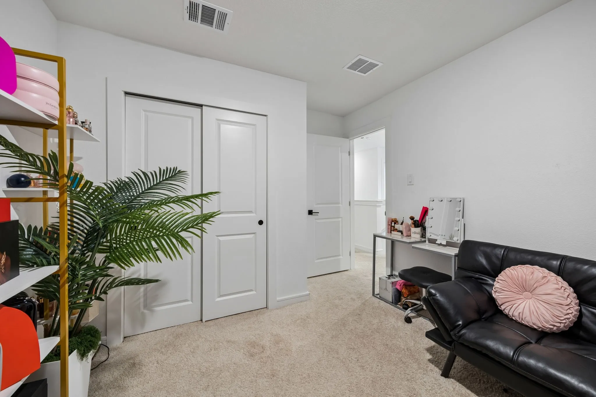 Bright room featuring light-colored carpeting, white walls, and a white interior door with black hardware