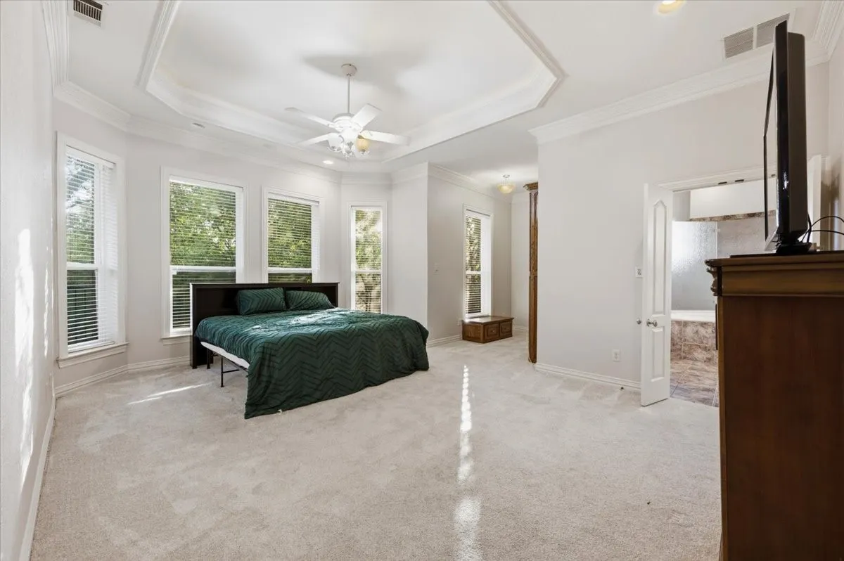 Spacious bedroom featuring light neutral carpeting, a decorative tray ceiling, multiple windows, and recessed lighting