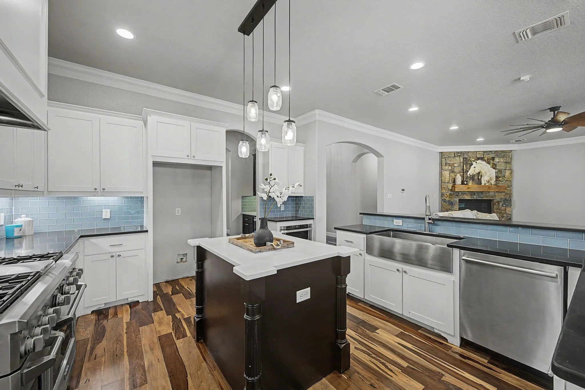 Additional kitchen view highlighting the workspace, storage, and upgraded appliance package.