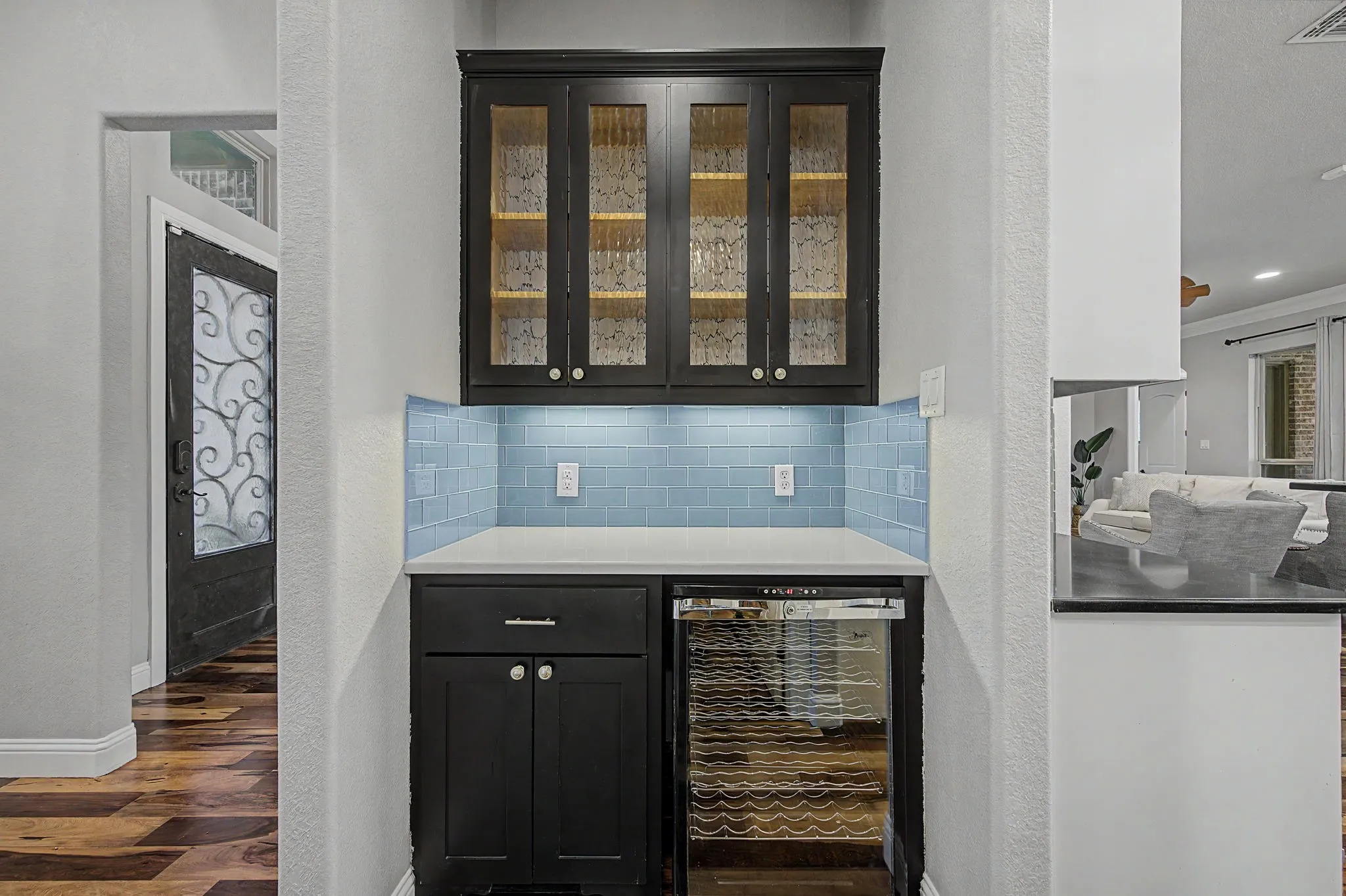 Coffee bar area with convenient microwave and Viking warming drawer.
