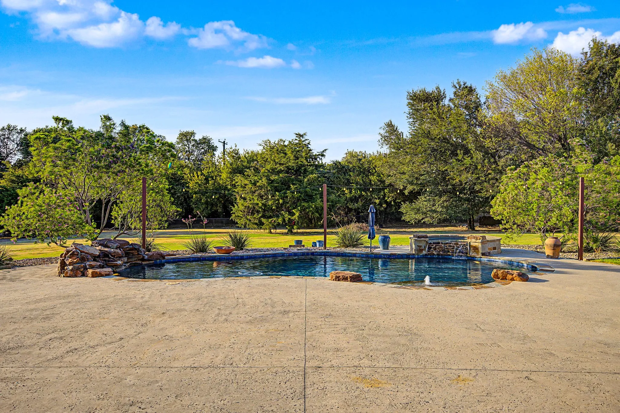 Spacious backyard with established landscaping, pool, spa, and room for outdoor enjoyment.