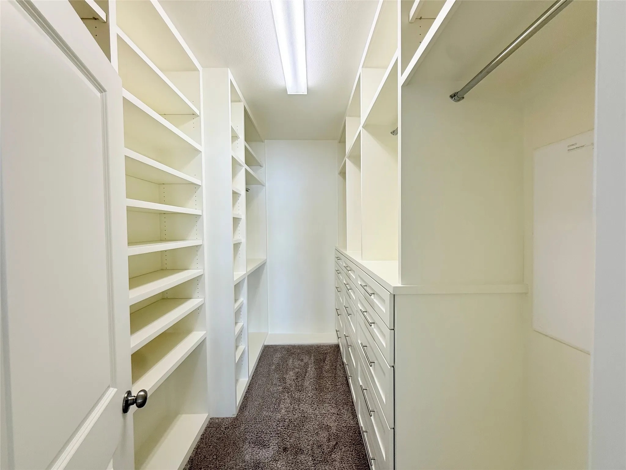 Walk-in closet featuring extensive built-in shelving, multiple storage drawers with silver hardware, a hanging rod, and textured carpeting