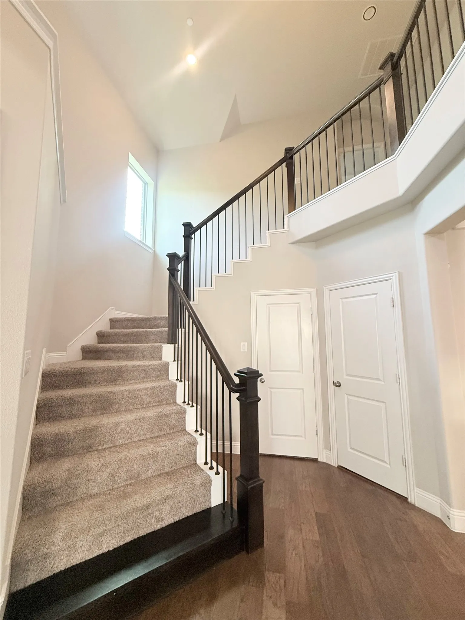 Two-story entryway featuring wood-finish flooring and a carpeted staircase with dark wood newel posts and iron balusters