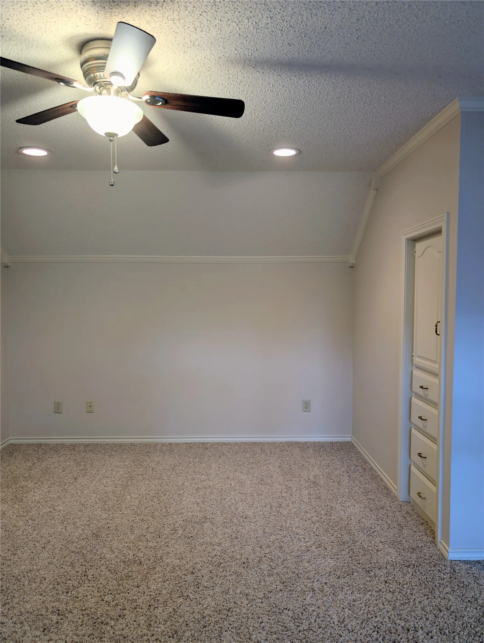 Carpeted room featuring a ceiling fan with light fixture, recessed lighting, white trim, built-in cabinetry, ensuite bathroom and walk-in closet