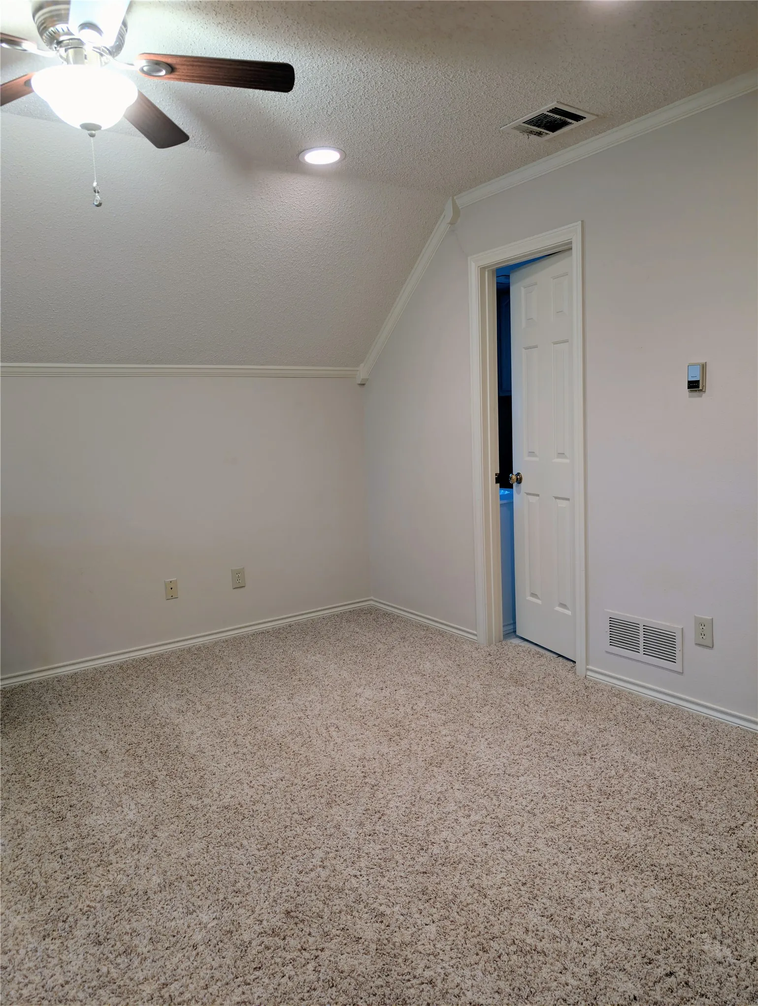 Carpeted room featuring a ceiling fan with light fixture, recessed lighting, white trim, and a paneled interior door, ensuite bathroom and walkin closet
