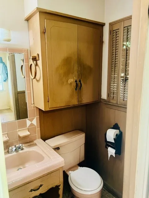 Bathroom featuring a pink basin, matching toilet, and wall-mounted wooden cabinetry