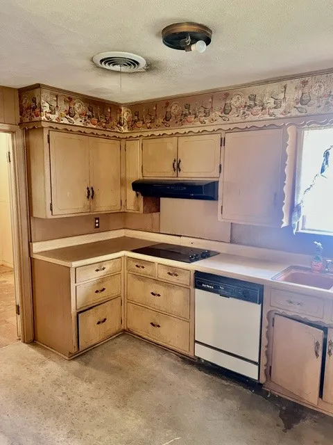 Kitchen featuring a corner layout with upper and lower cabinetry, an integrated cooktop, a built-in dishwasher, and a single basin sink