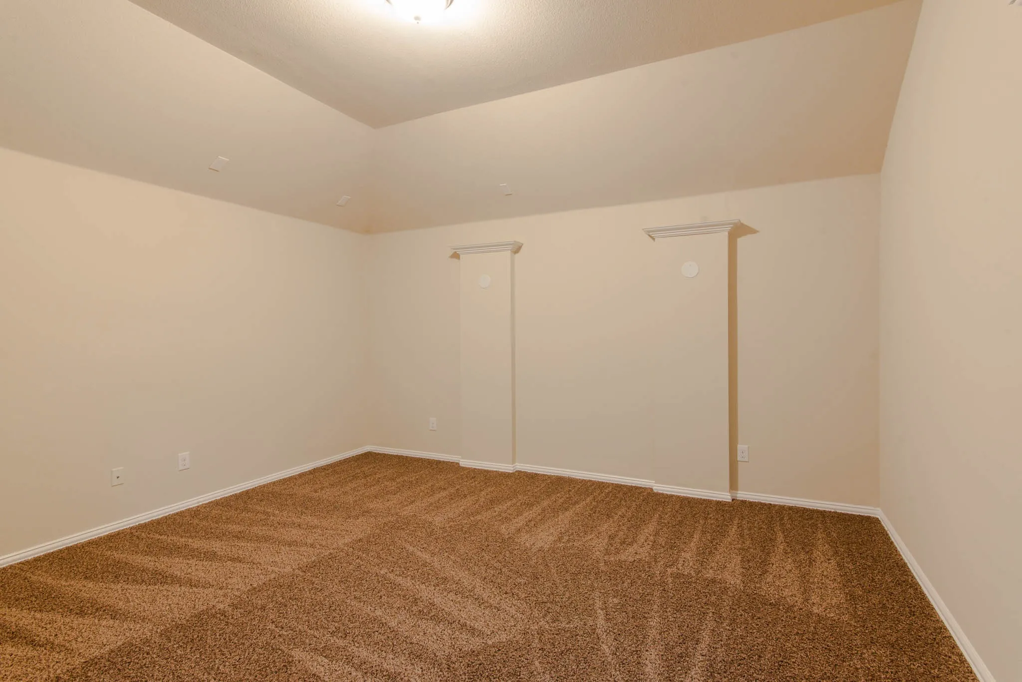 Spacious interior featuring a neutral color palette, tray ceiling, and textured brown carpeting