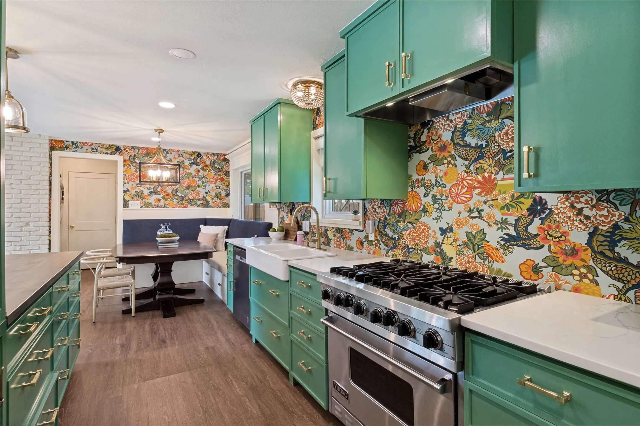 Decorative wallpaper and cabinetry.