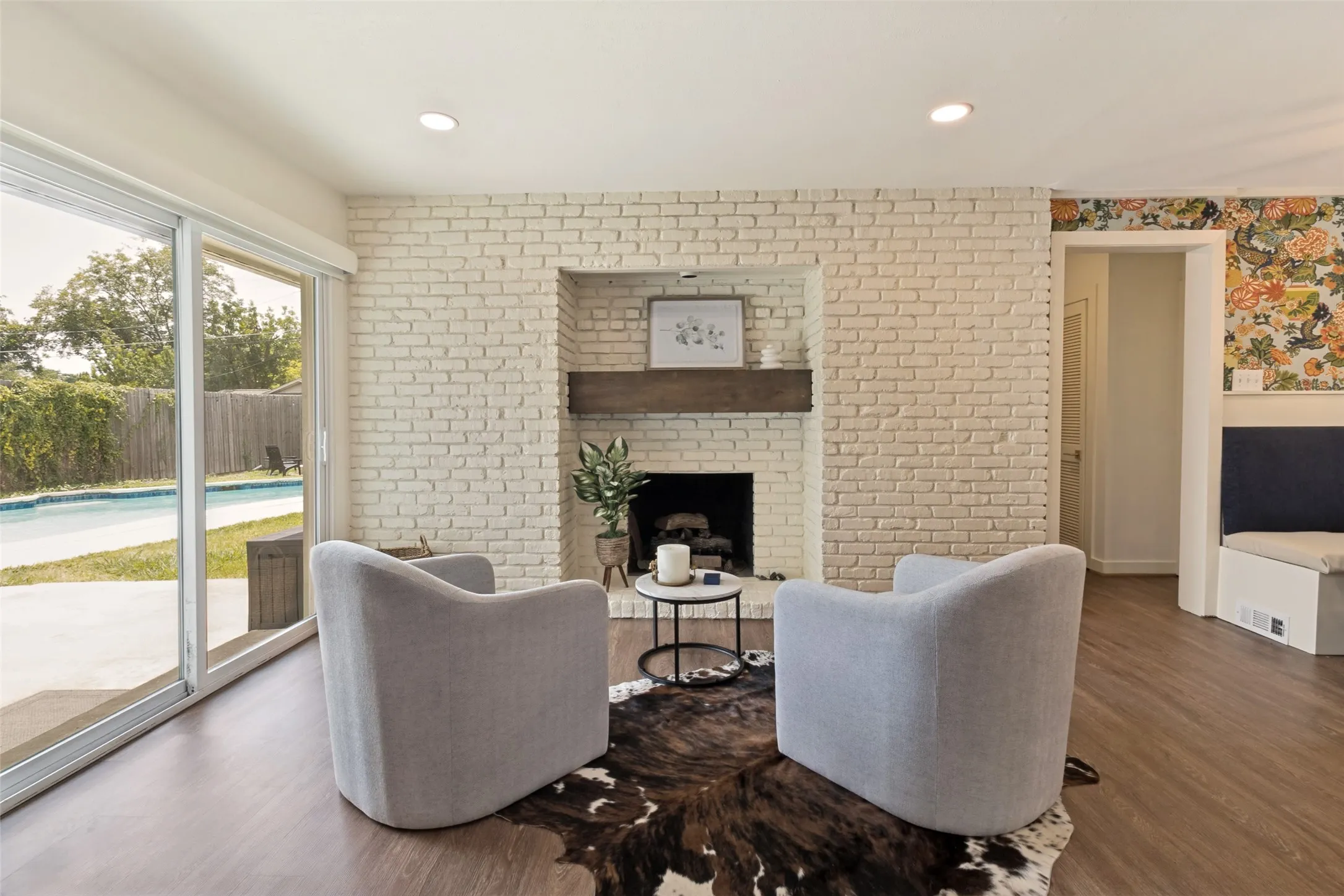 Brick fireplace in Family room