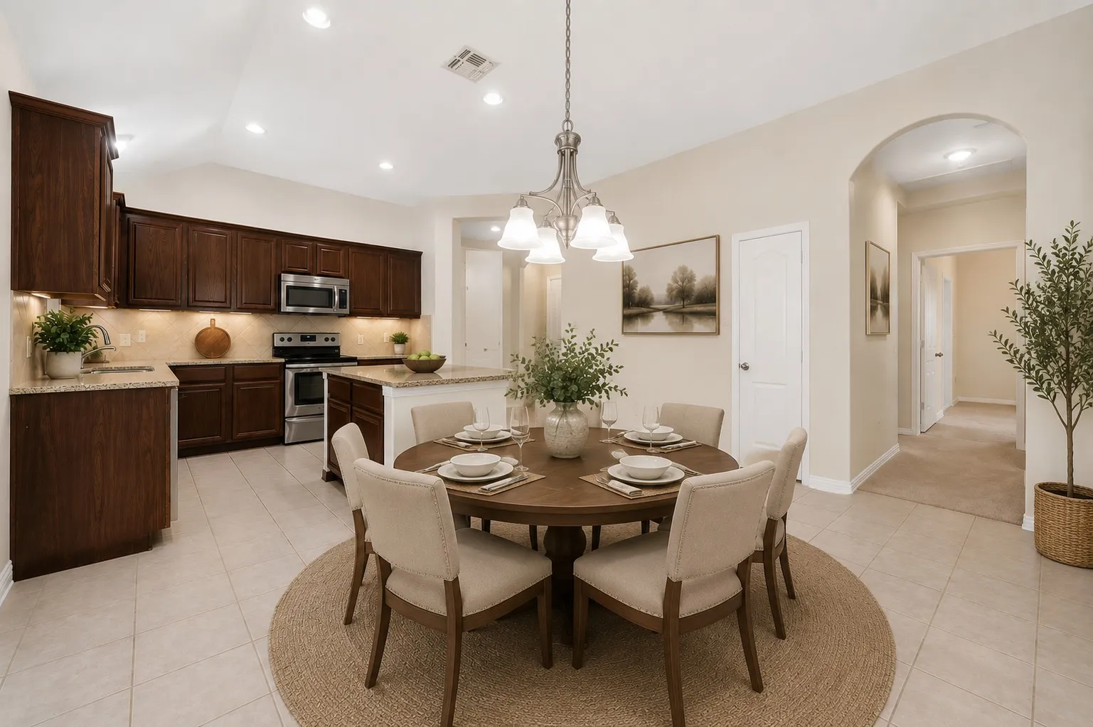 Open-concept dining area with tile flooring and a multi-light chandelier