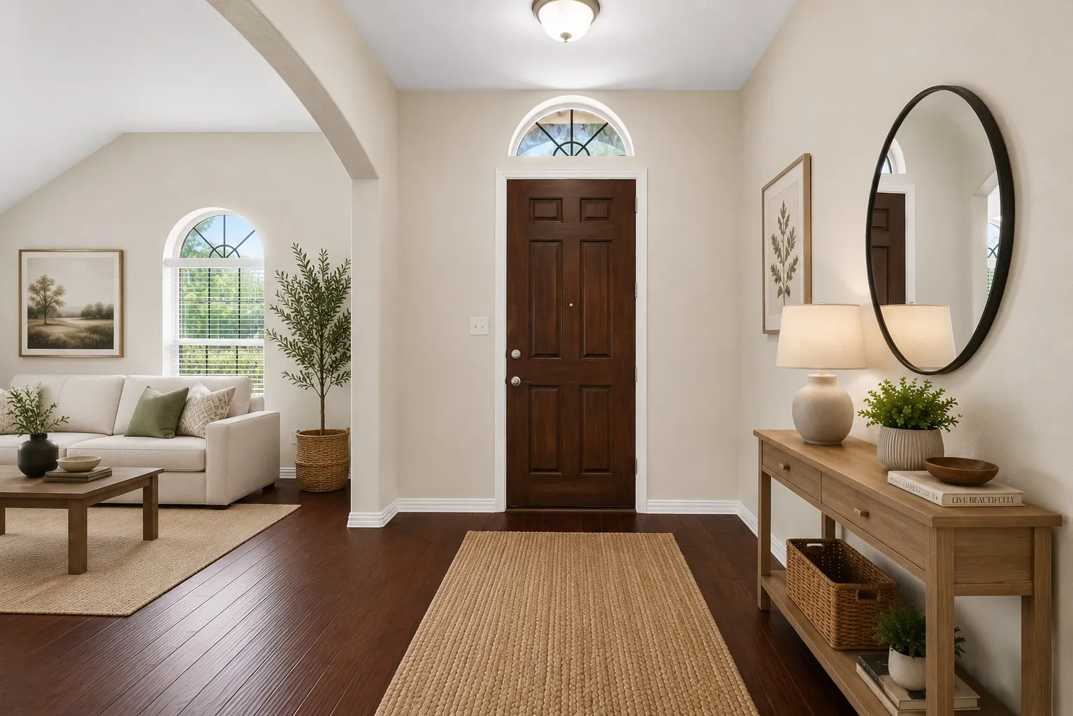 Entryway featuring a rich wood-paneled door with an arched transom window