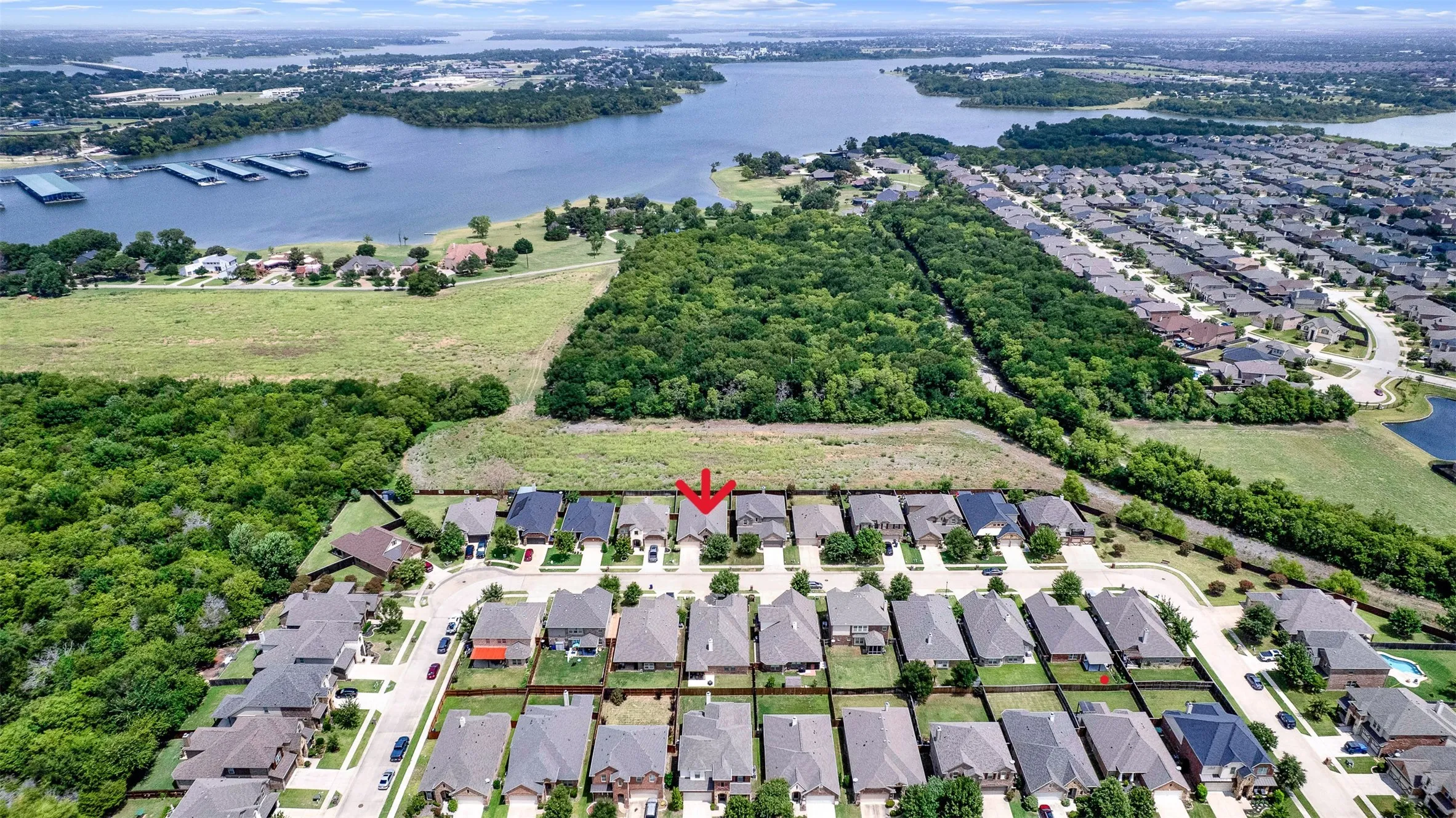 Aerial perspective showcasing a residential street with uniform homes, bordered by dense greenery