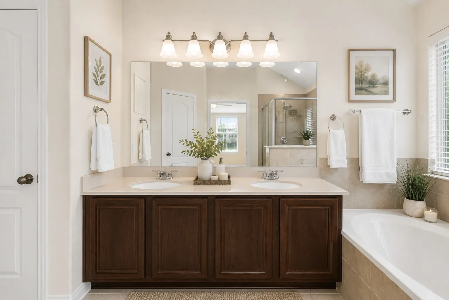 Dual sink vanity with dark wood-finish cabinetry, light-toned countertop, and undermount sinks