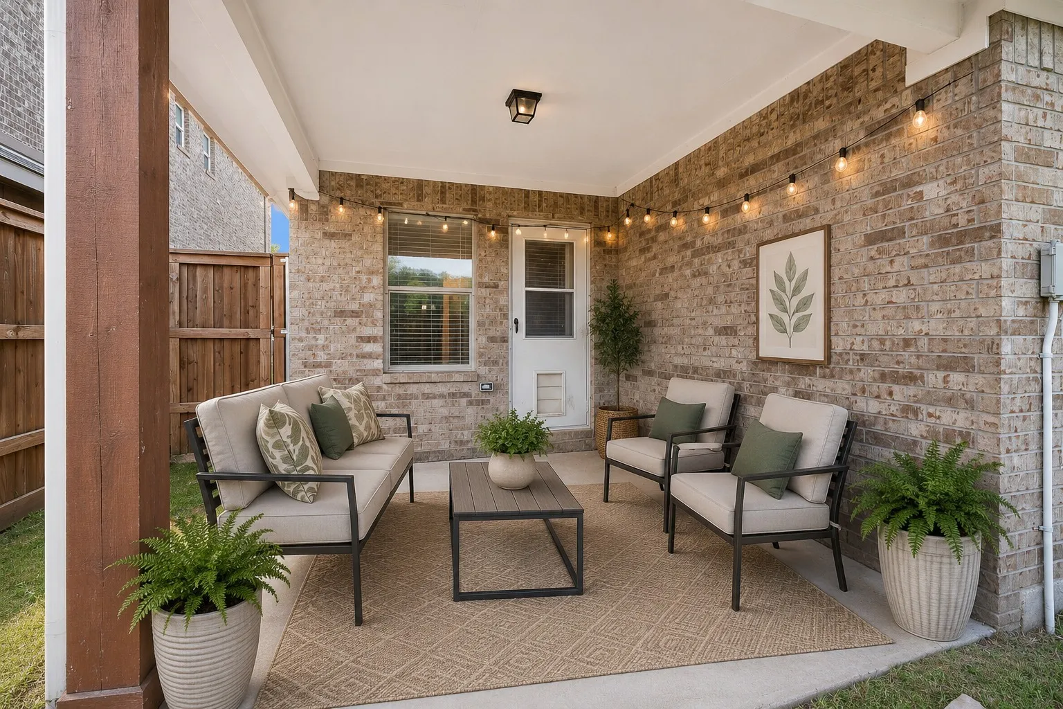 Covered patio featuring a solid ceiling, exposed wood support beam, and brick exterior walls