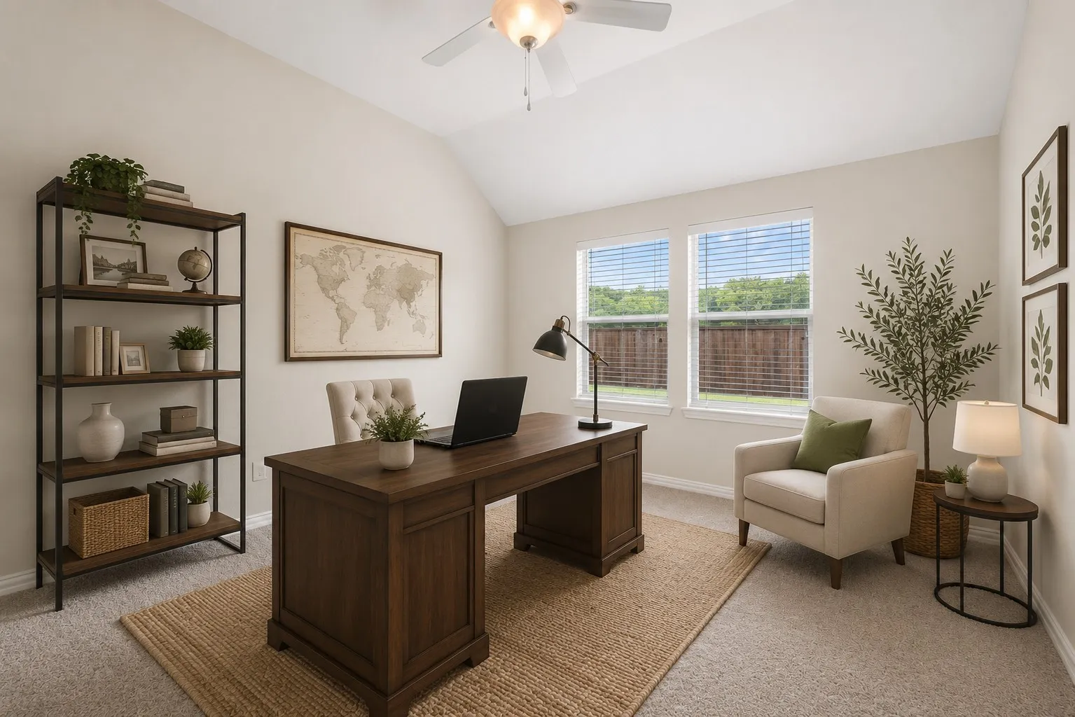 Vaulted ceiling room with two windows, light-colored walls, and carpet flooring