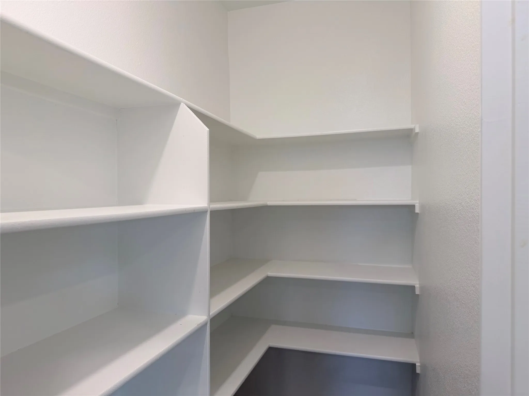 Walk-in pantry featuring expansive shelving, white painted finishes, and dark flooring