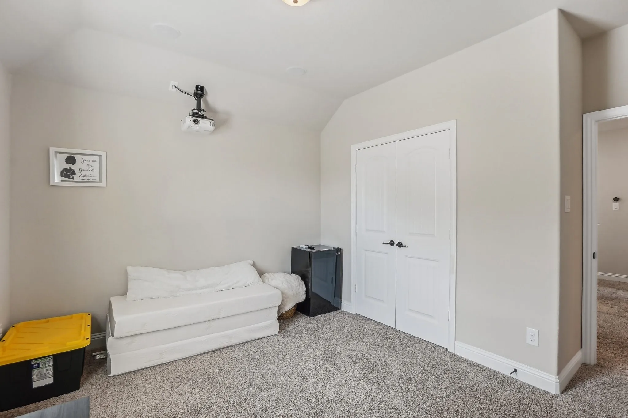 Sitting room featuring carpet floors and lofted ceiling