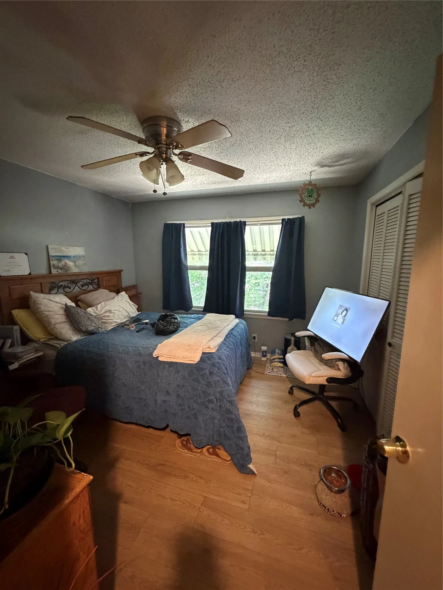 Interior room with wood-finish flooring, two windows, and a ceiling fan with integrated lighting