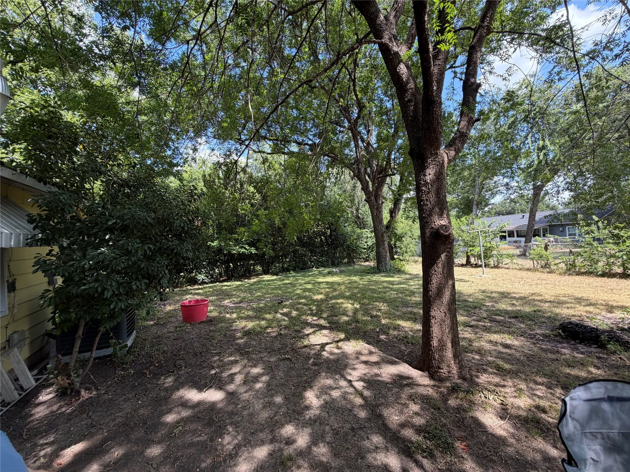 Expansive backyard with a large grassy area, mature trees, and natural landscaping