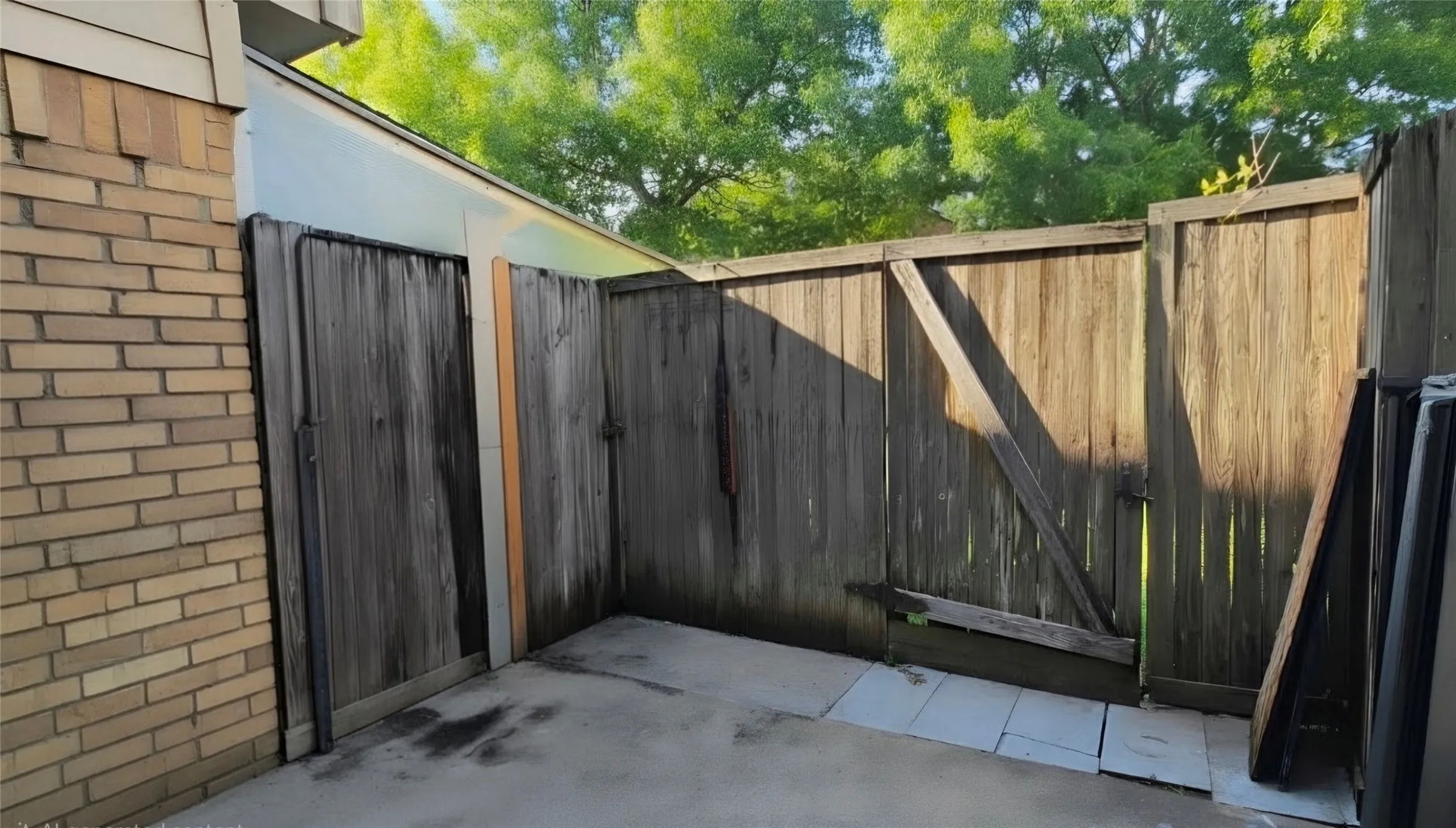 Private outdoor patio space featuring a brick exterior wall, a wood privacy fence, and a concrete pad