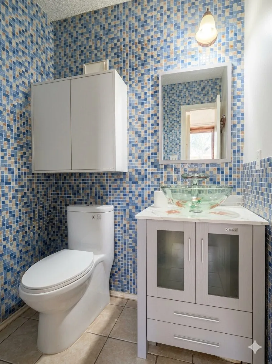 Bathroom featuring blue and white mosaic tile walls, a white floating cabinet, and a contemporary white vanity with a clear vessel sink