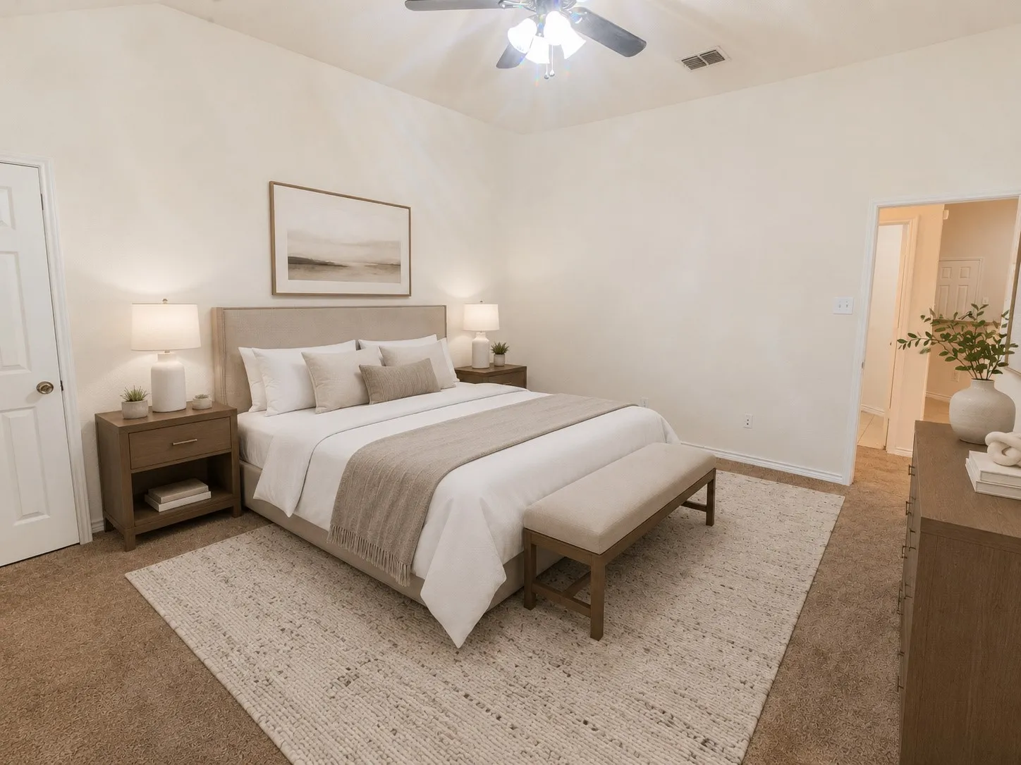 Virtually Staged Vaulted ceiling with a ceiling fan