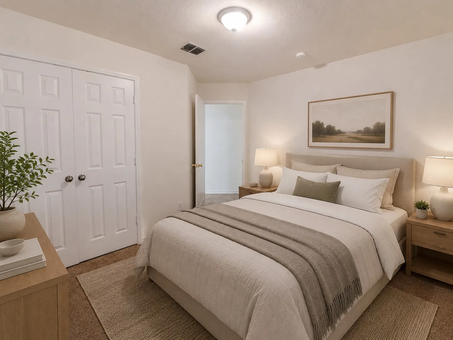 Virtually Staged Neutral color palette, ceiling-mounted light fixture, paneled closet doors, wood-finish nightstands, wall-to-wall carpeting