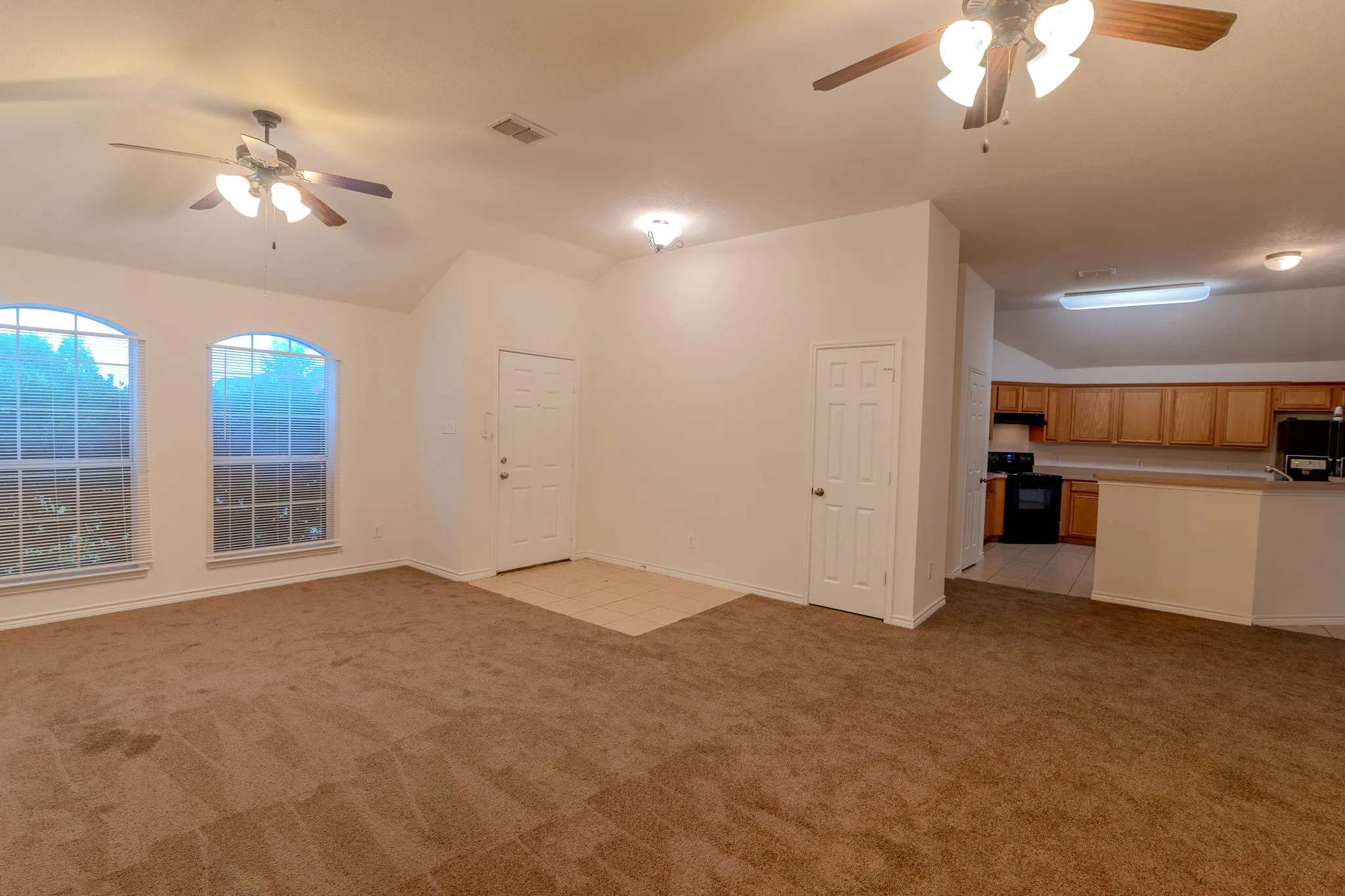 Spacious living area featuring neutral carpeting and two arched windows