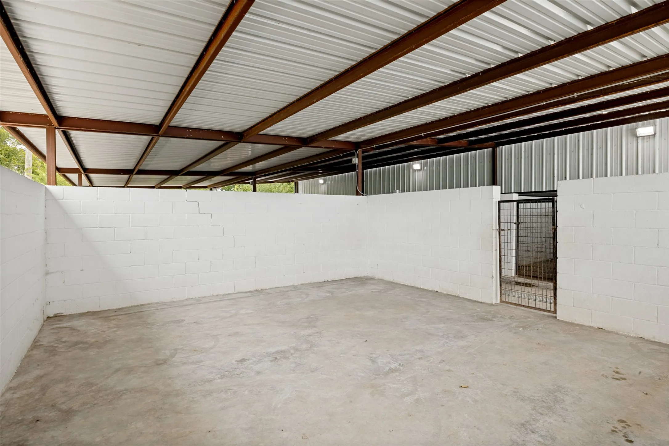 Covered outdoor area for dogs with some kennels having direct access.
