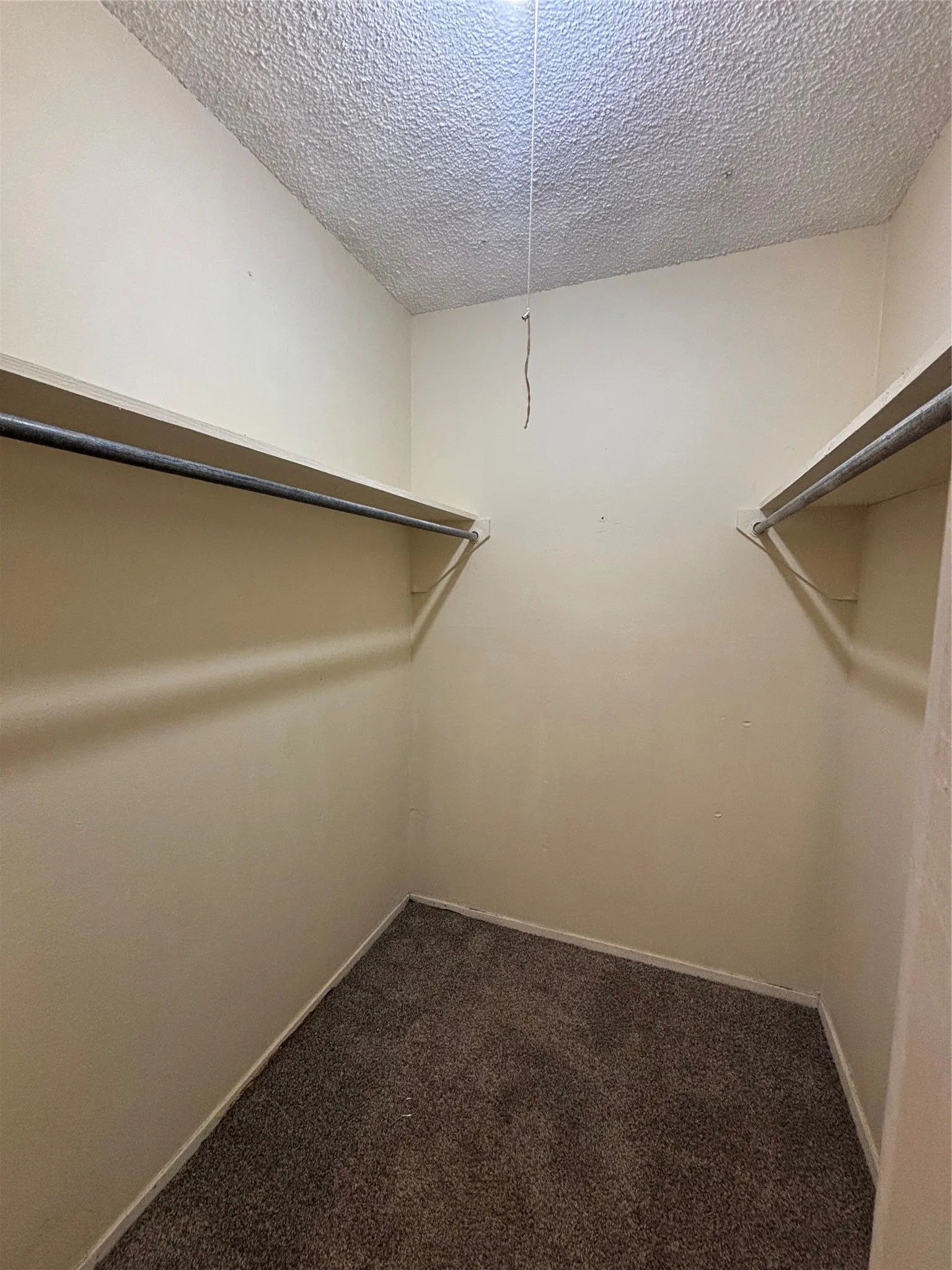 Walk-in closet featuring textured ceiling, neutral-toned walls, and dark brown carpet flooring